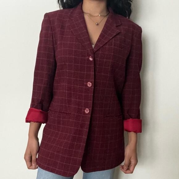 Vintage Lands’ End Dark Red Plaid Blazer Preppy Goth Money Wool Pockets Size 6 - Picture 1 of 7